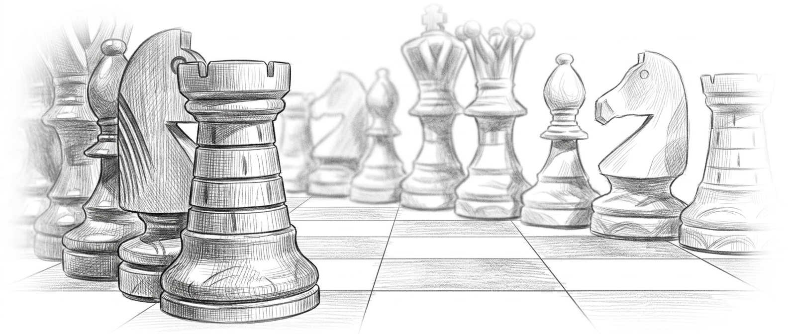 Pencil sketch of chess pieces on a board