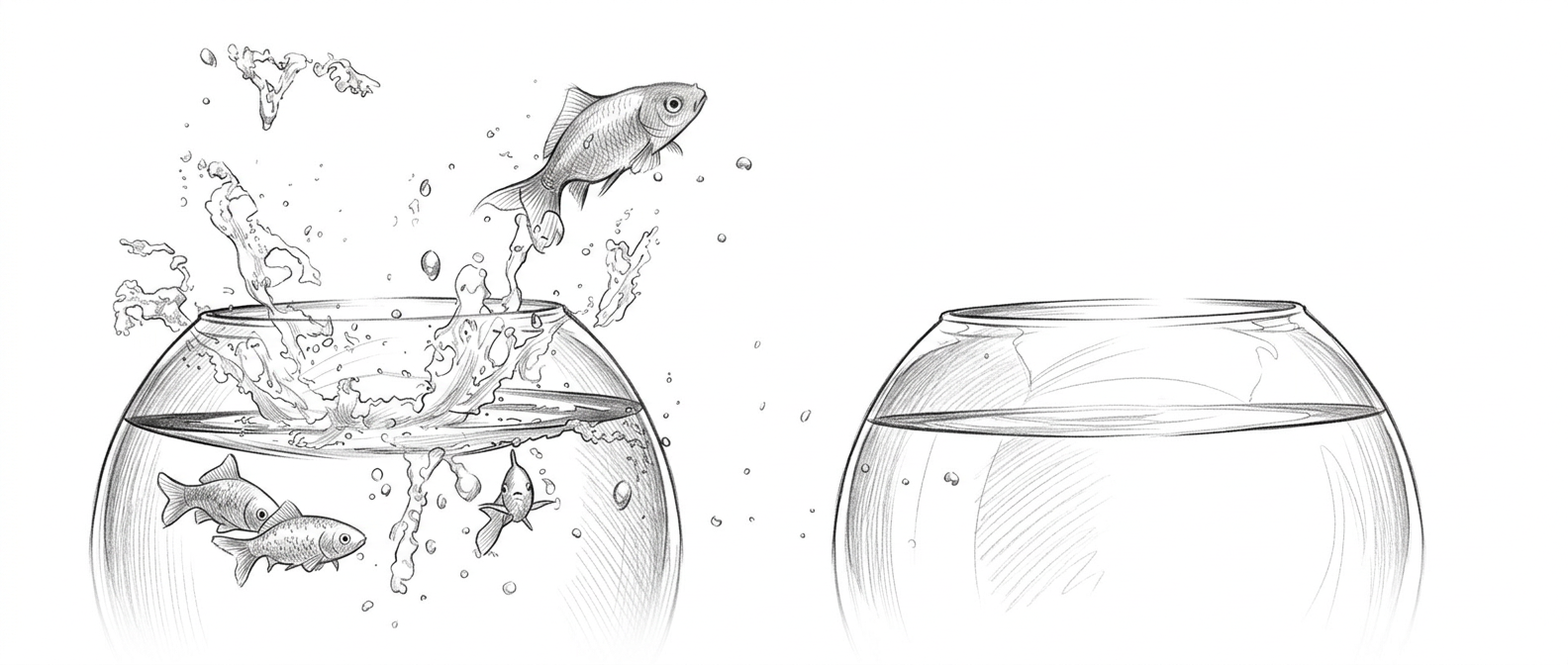 Pencil sketch of a goldfish jumping between two bowls