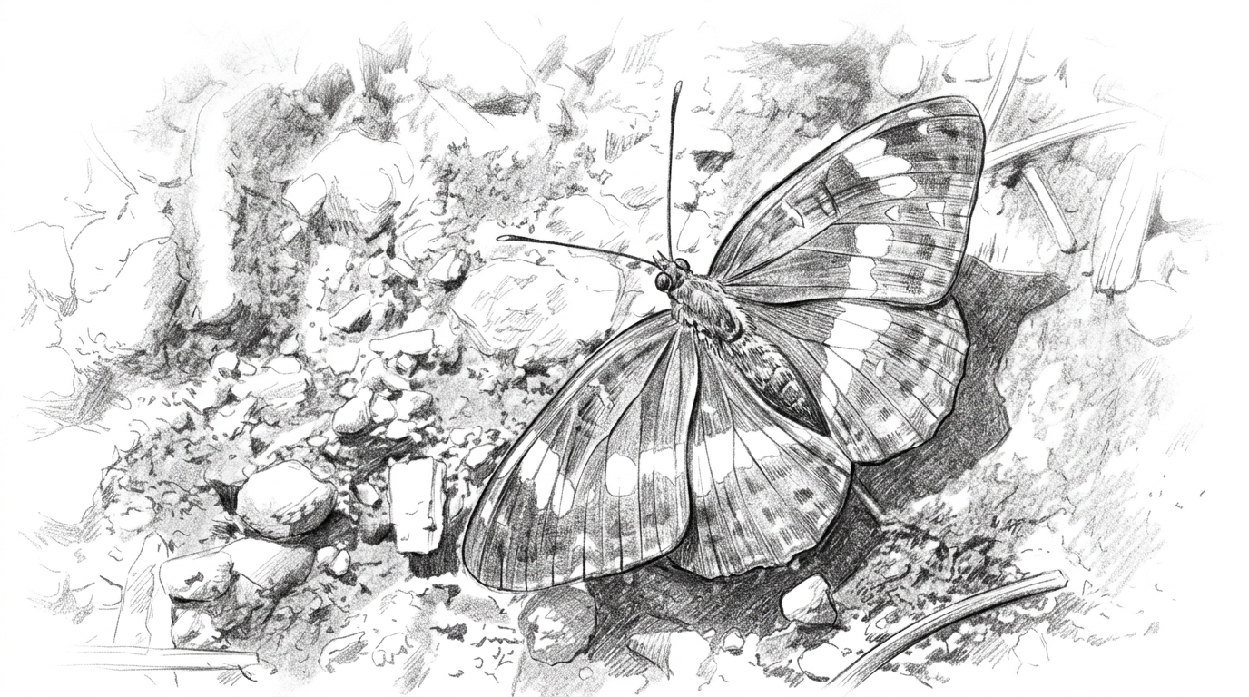 Pencil sketch of a butterfly on gravel