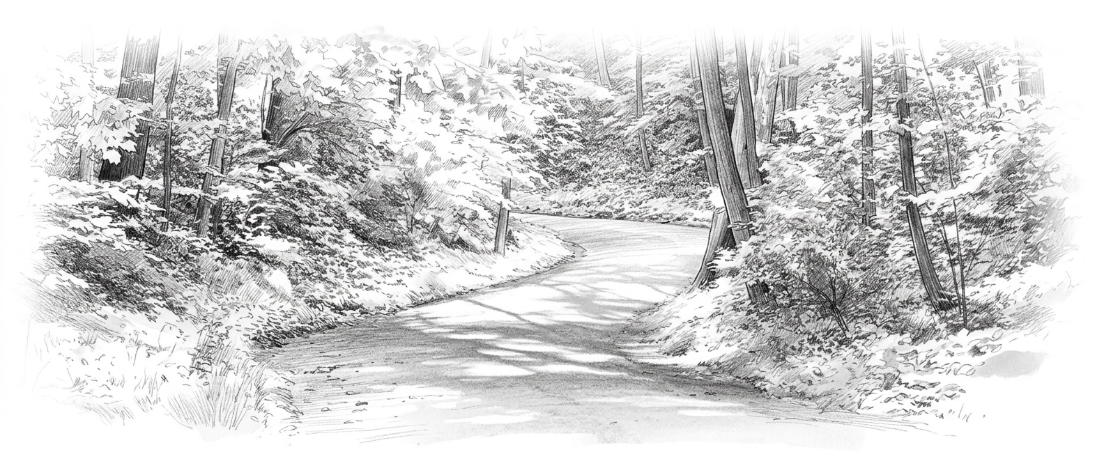 Pencil sketch of a winding path through a forest